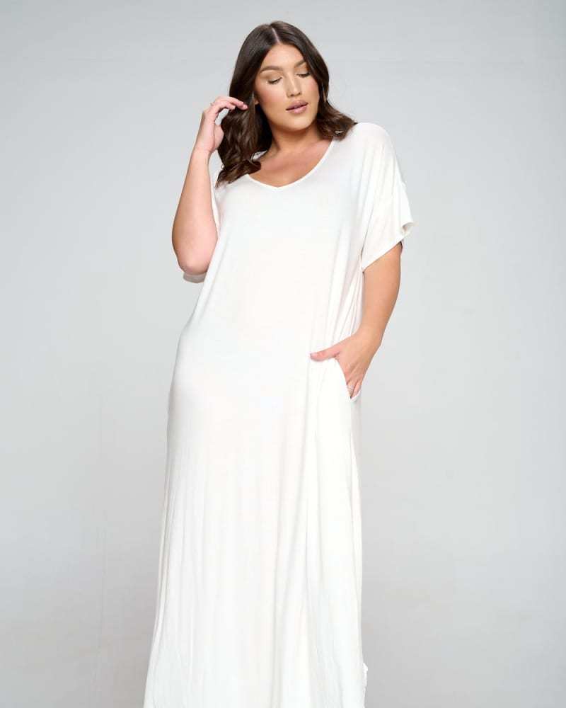 Front of a model wearing a size 3X Scarlett Maxi Dress in Ivory by L I V D. | dia_product_style_image_id:287783